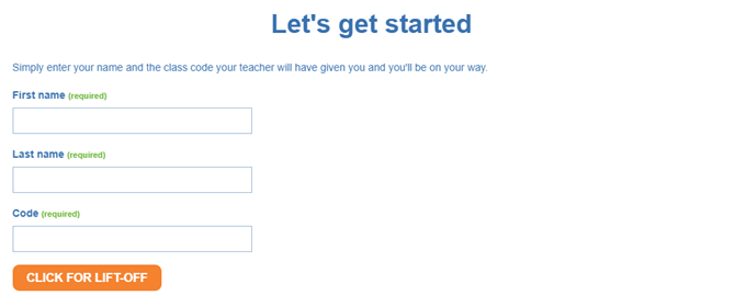 Form with fields for first name, last name, and a quiz access code, with a 'Click for Lift-Off' button.