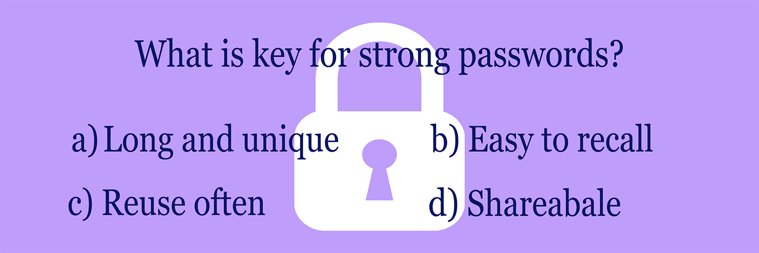 Quiz question about creating strong passwords with a padlock illustration in the background.